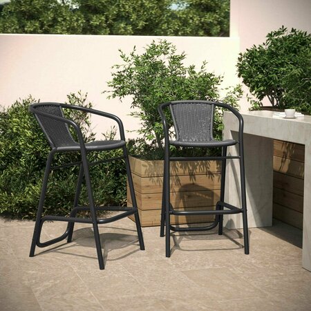FLASH FURNITURE Lila Indoor-Outdoor PE Rattan Restaurant Barstool with Black Steel Frame and Footrest in Gray, 2PK 2-SDA-AD632032R-GY-GG